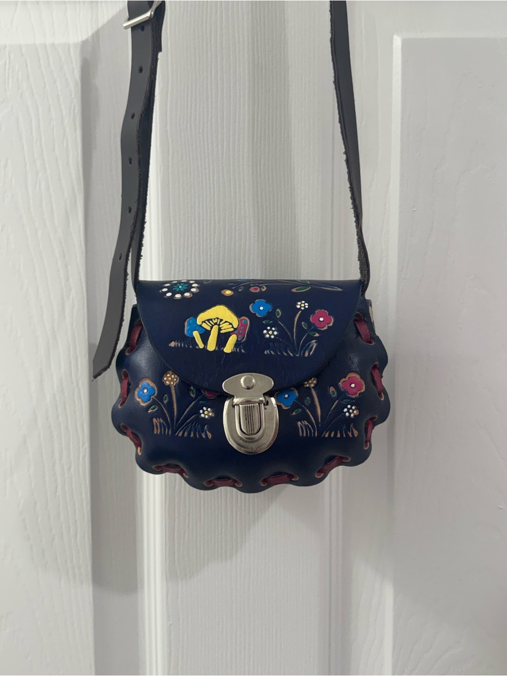 Vintage Hand Tooled Leather Mushroom Crossbody Mini Bag Navy Blue